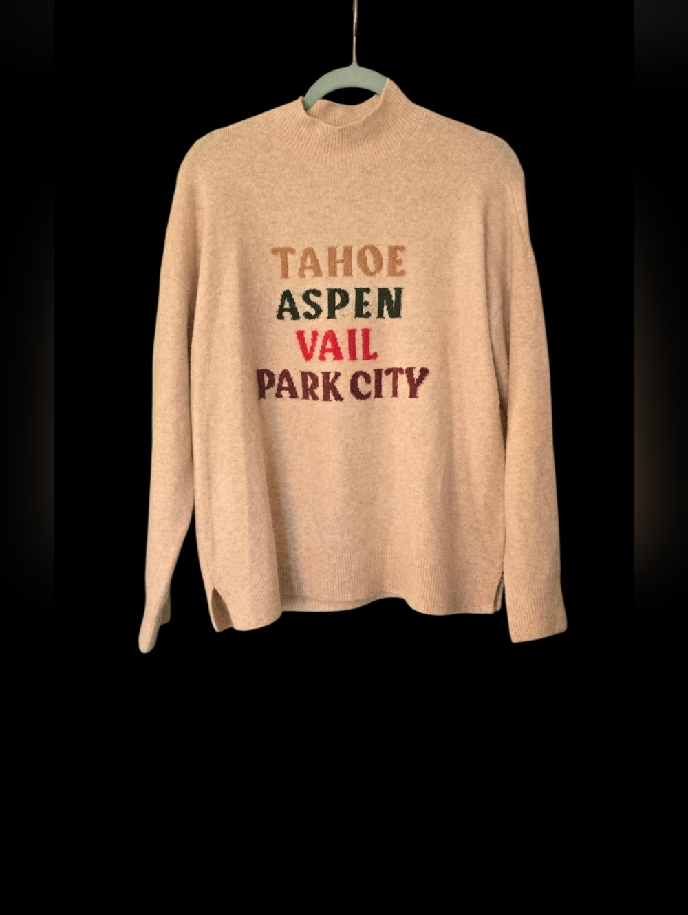 Lou & Grey Beige Turtleneck Sweater with Multicolor Town Names
